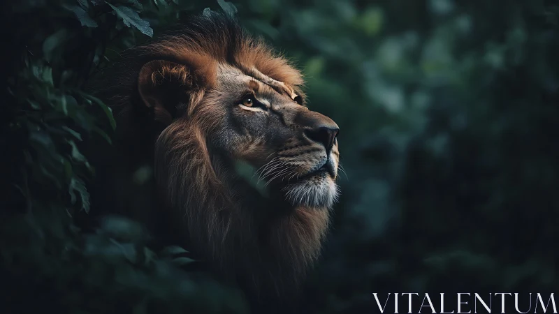 Majestic lion gazes softly through deep emerald jungle shade