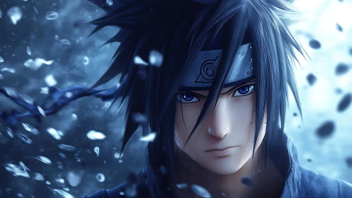 Stoic anime warrior amid storm of icy drifting shards.