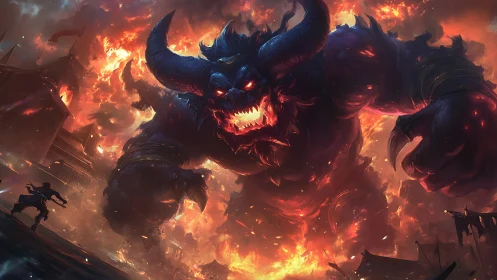 Inferno colossus roaring over a doomed, burning stronghold.
