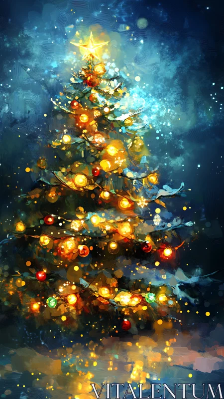 Illuminated decorated Christmas tree in night setting scene.