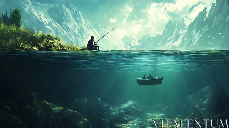 Digital painting of alpine lake fishing with split-depth composition.