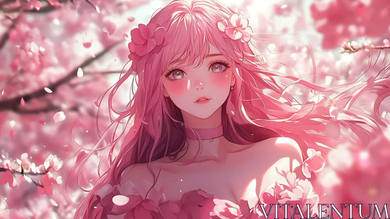Blossomwind girl listens as cherry petals whisper spring tales