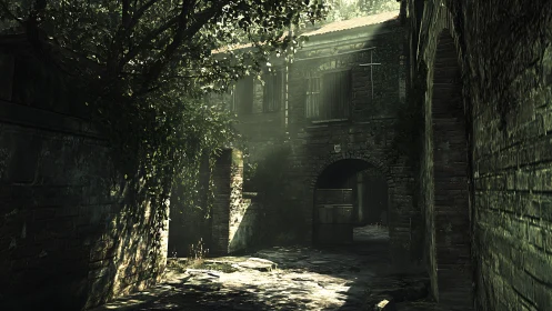 Volumetric daylight through overgrown stone alley architecture.