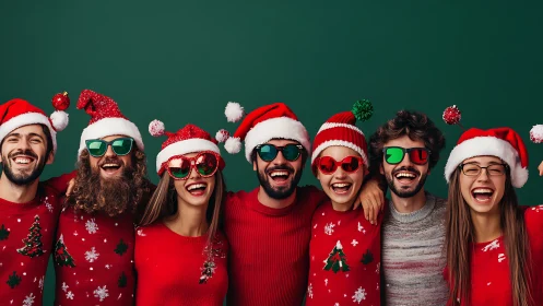 Laughing holiday mischief squad in wild Christmas sweaters.
