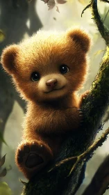 Digital painting of baby bear on mossy forest branch, portrait format.