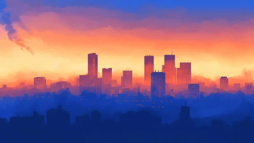 Vibrant orange and blue city skyline at dramatic sunset.