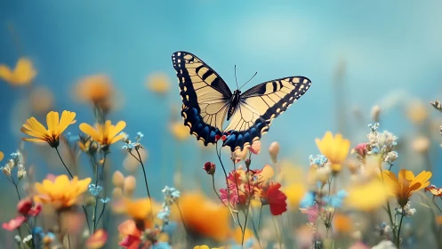Butterfly wing morphology over chromatic wildflower field.