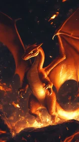 Firelit dragon strides from molten dusk with embers swirling