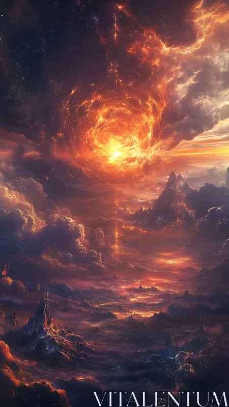 Fiery celestial vortex ignites a vast otherworldly landscape