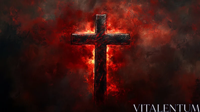 Glowing cross emerging from swirling fiery red shadows.