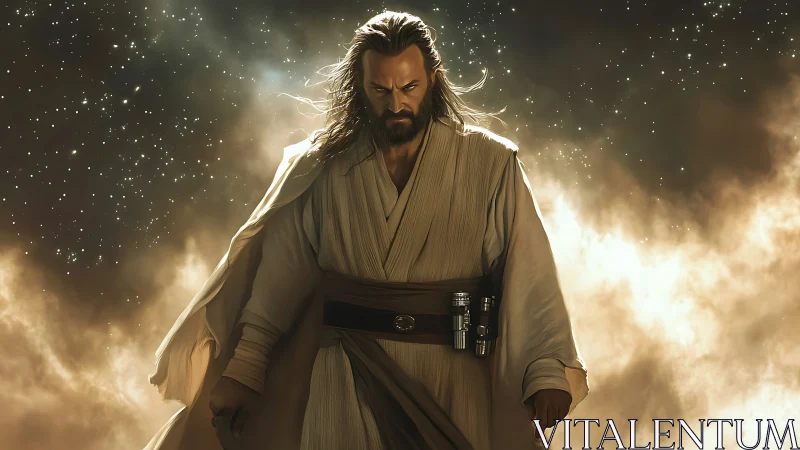 Robe-wearing male figure stands amid illuminated space dust