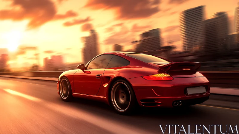 Sunlit red sports car rushing through glowing city streets.