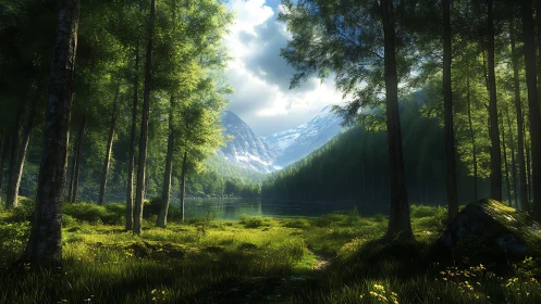 Forest landscape with alpine mountains and glacial lake