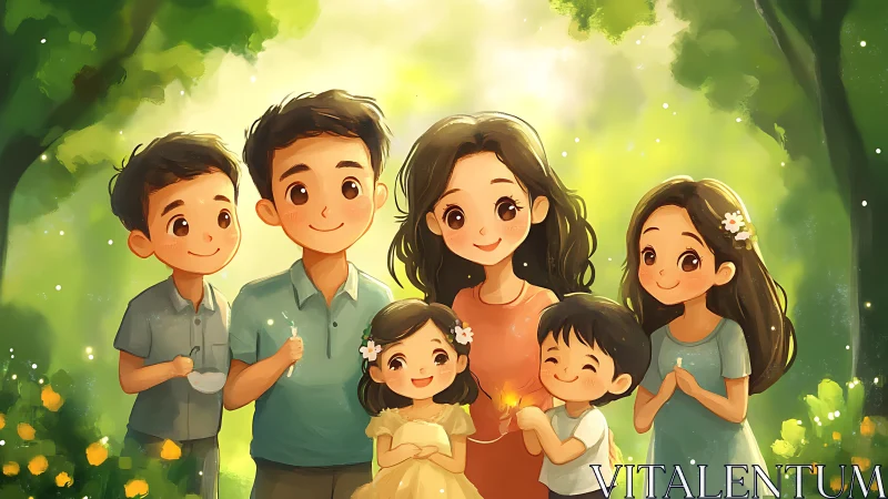 Family Portrait in Forest Setting with Warm Glow