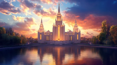 Sunlit temple towers glow above a tranquil reflecting lake.