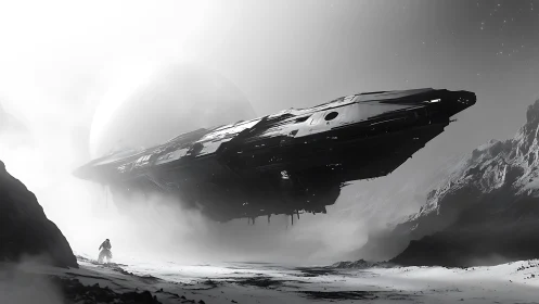 Massive starship hovering over icy alien canyon scene.