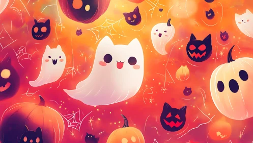 Friendly ghosts and glowing pumpkins in cozy night sky.