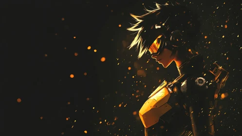 Profile view shows armored figure with visor amid orange particles