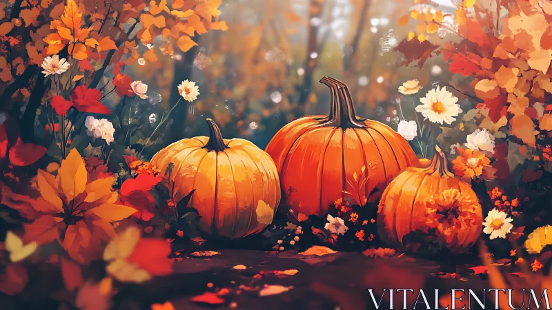 Triadic pumpkin cluster amid chromatic autumn flora.