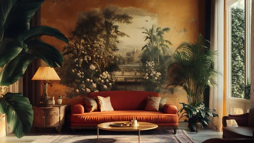 Warm botanical living room merges artful mural with sunlight