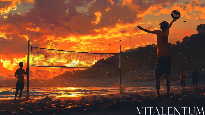 Sunset beach volleyball match rendered in dynamic digital color