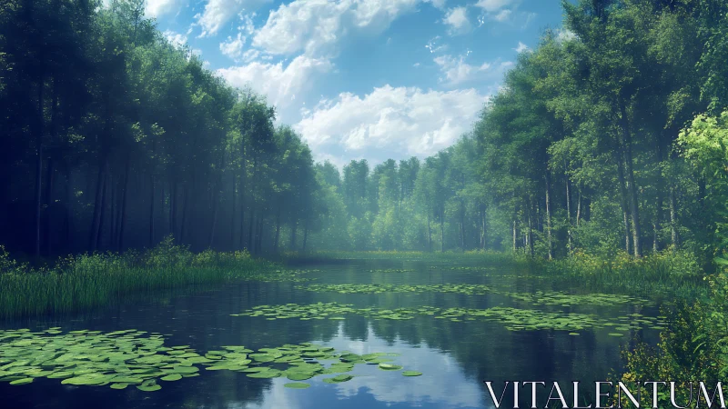 Serene forest lake framed by tall trees beneath blue sky