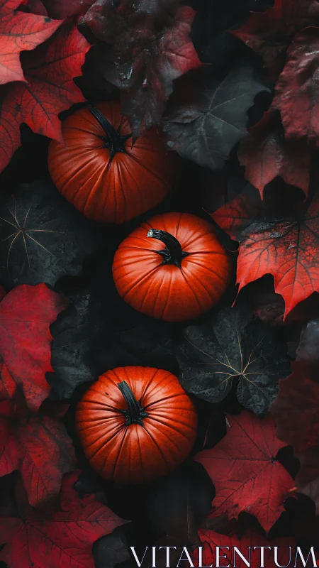 Three orange pumpkins among dark red autumn leaves.