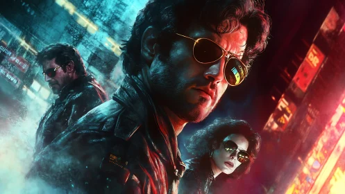 Trio in neon city alley wearing sunglasses at night.