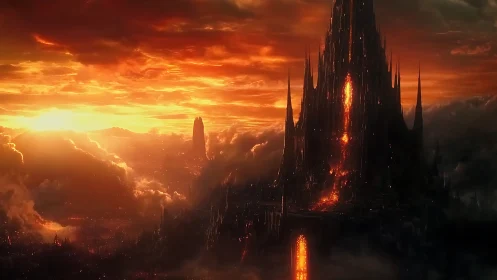 Infernal spire rises over a blazing apocalyptic horizon.