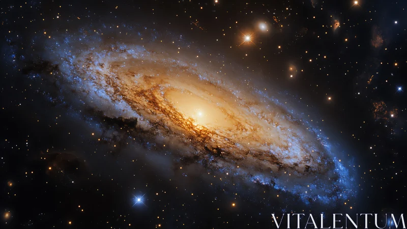 Golden spiral galaxy glowing softly in a star-filled night sky.