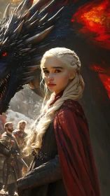 Dragon queen with braided hair before blazing beast.