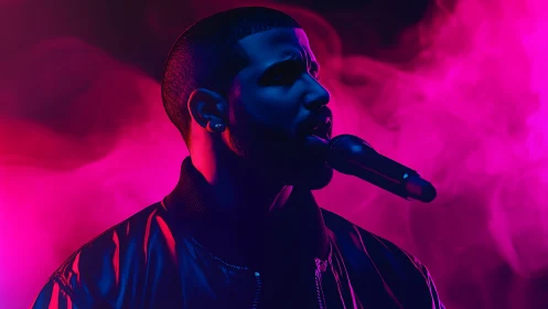 Male vocalist stands at microphone amid neon stage fog