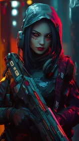 Cyberpunk sharpshooter in neon hood with glowing rifle.