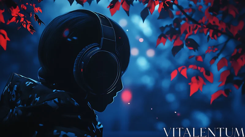 Night listener enjoys music beneath glowing red leaves