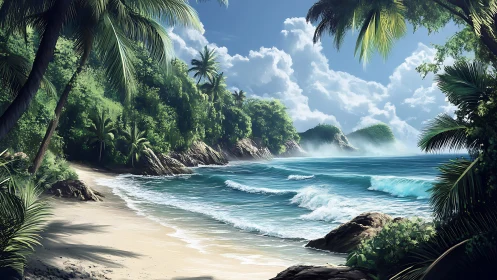 Tropical coastline with palm vegetation, sandy beach, and wave formations.