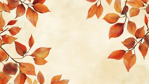 Autumn branches frame with orange leaves on beige background.