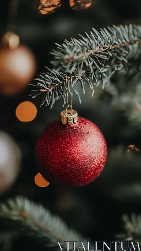 Crimson bauble dreaming under pine-lit winter hush.