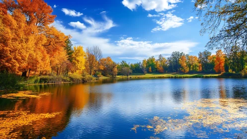 Autumn trees line a calm reflective lake under blue sky