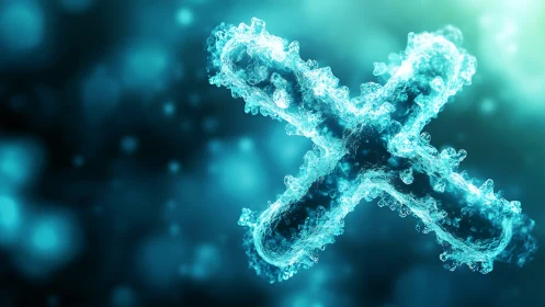Chromosome rendered as fluidic X structure in cyan bokeh field