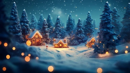 Miniature winter village with illuminated cabins and snowfall