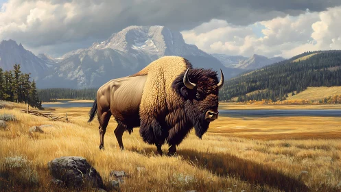 Solitary bison standing in golden valley before tall peaks.