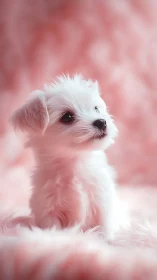 White puppy portrait on soft pink faux fur background.