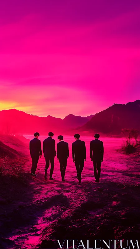 Silhouetted figures walk into a neon pink twilight horizon