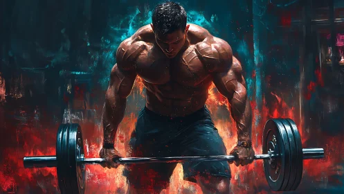 Muscular man lifting barbell in fiery digital artwork.