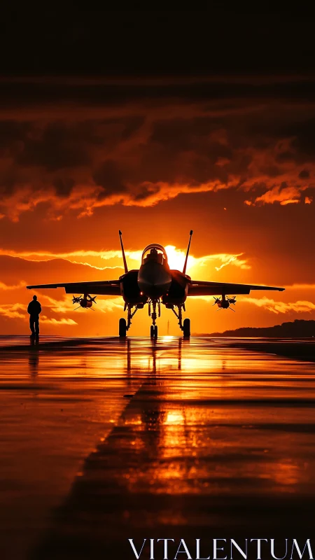 Silhouetted jet on runway axis at incendiary sunset horizon.