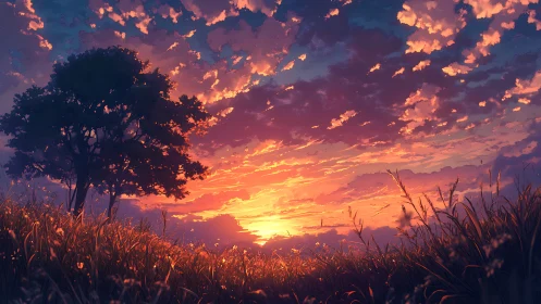 Sunset illuminates lone tree and tall grass in open field