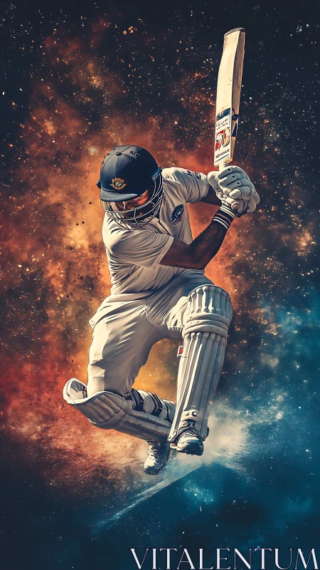 Dynamic cricket batsman in mid-air against cosmic nebula backdrop
