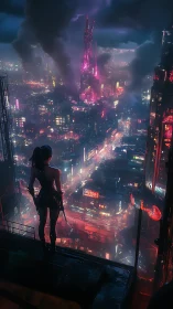 Neon storm city hums while a lone rooftop watcher waits