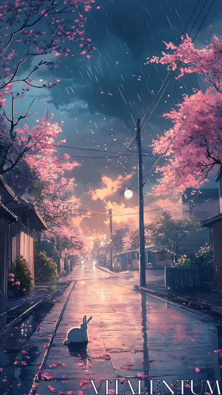 Rain-soaked cherry blossom street with reflective bunny vantage.
