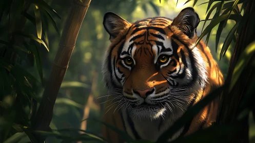 Lantern-eyed jungle tiger paused in green-breathing hush.